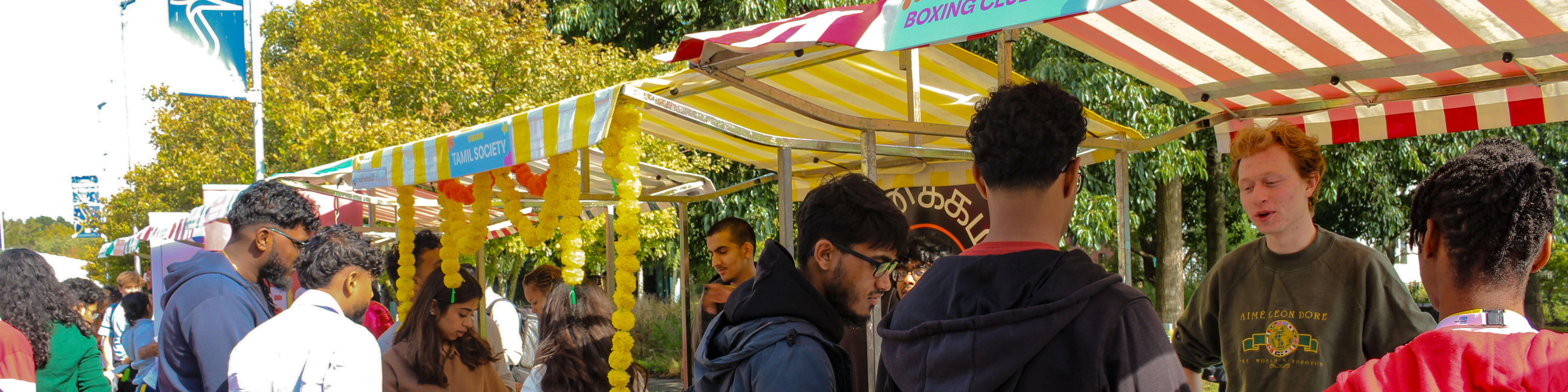 Lots of people looking at colourful society stalls in the sun