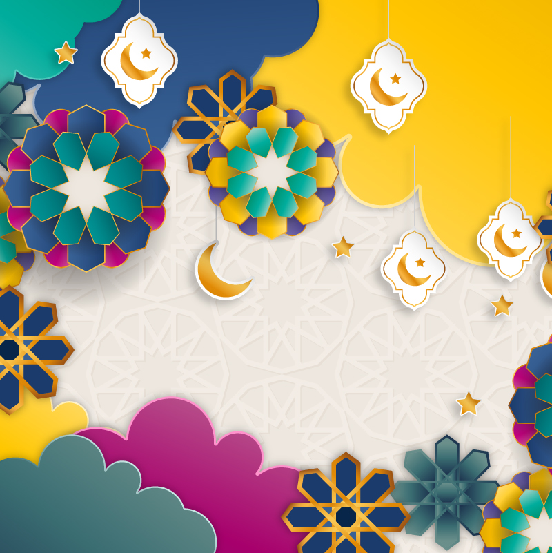A background of brightly coloured patches of yellow, navy blue, teal and magenta with Ramadan decorations in the foreground.